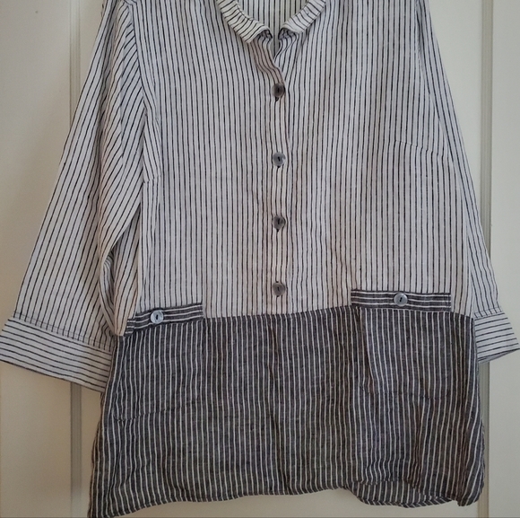 John Mark Stripped Linen Blouse Sz XL - Picture 2 of 5